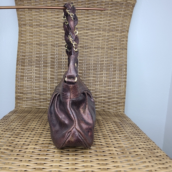 Elliott Lucca Bag Shoulder Handbag Leather Distressed Maroon Gold Hardware Braid - Picture 8 of 15